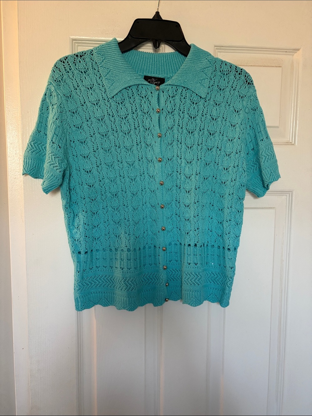 Aqua Open-Knit Short Sleeve Button-Down Top